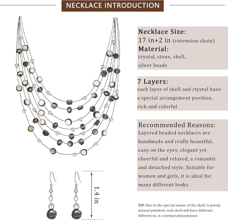 Errally Store Multi-Layer Boho Shell Beaded Necklace for Women Colorful Crystal Strand with Silver Beads Statement Collars Necklace and Earrings Costumes Jewelry Sets for Women - Image 5